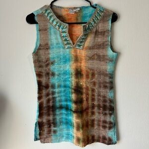 Embellished Sleeveless Top by Alberto Makali - Tie Dye Multicolor with Sequins